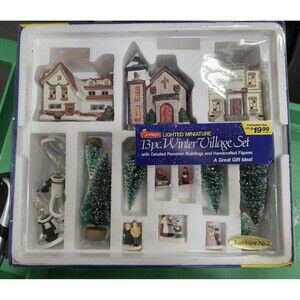JOYBRITE Lighted Miniature 13 Piece CHRISTMAS Winter VILLAGE BOX SET Illuminated
